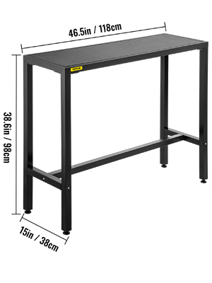 black VEVOR outdoor bar table, 46.5 x 15 x 38.6 inches, steel frame.