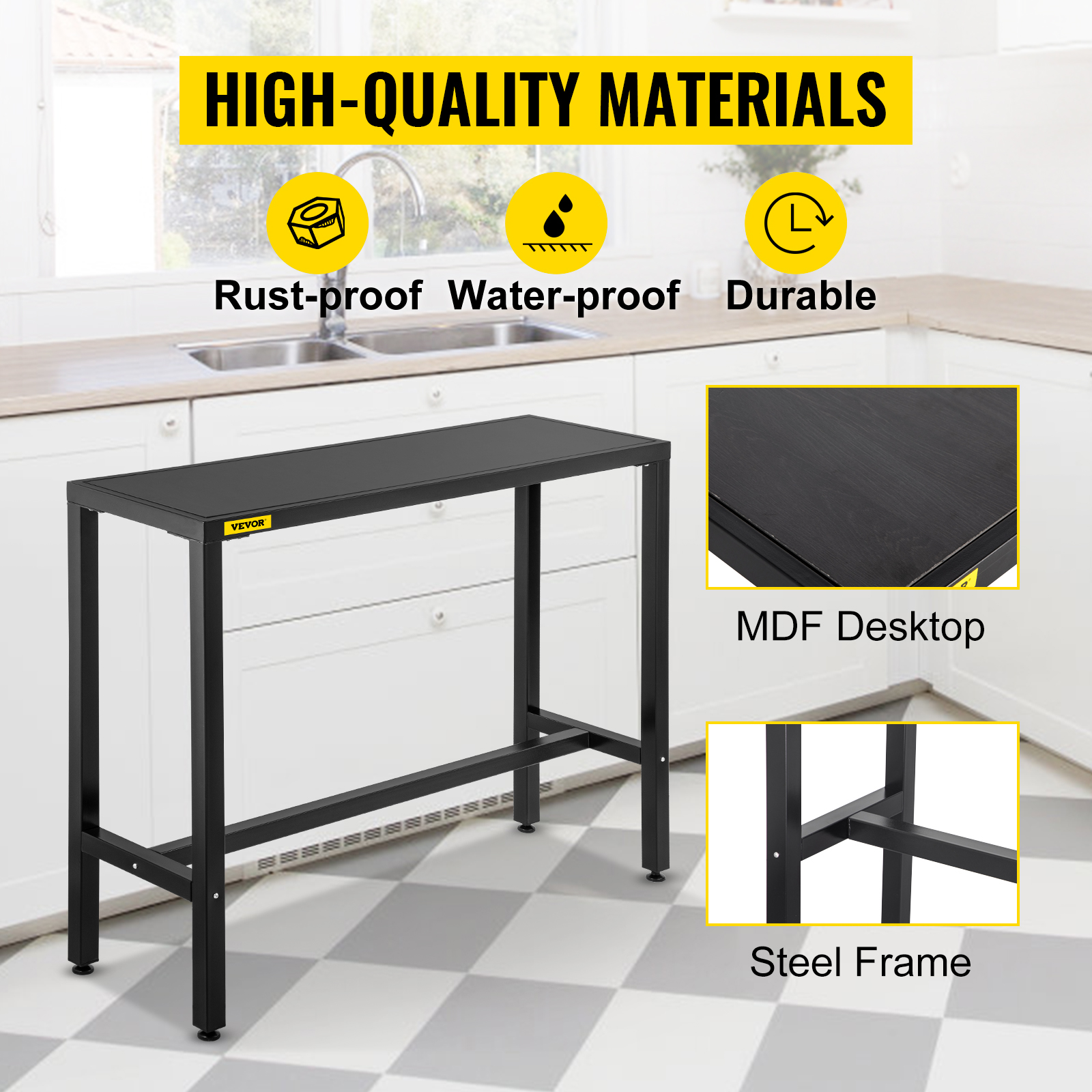 VEVOR outdoor bar table with mdf desktop and steel frame, rust-proof and waterproof.