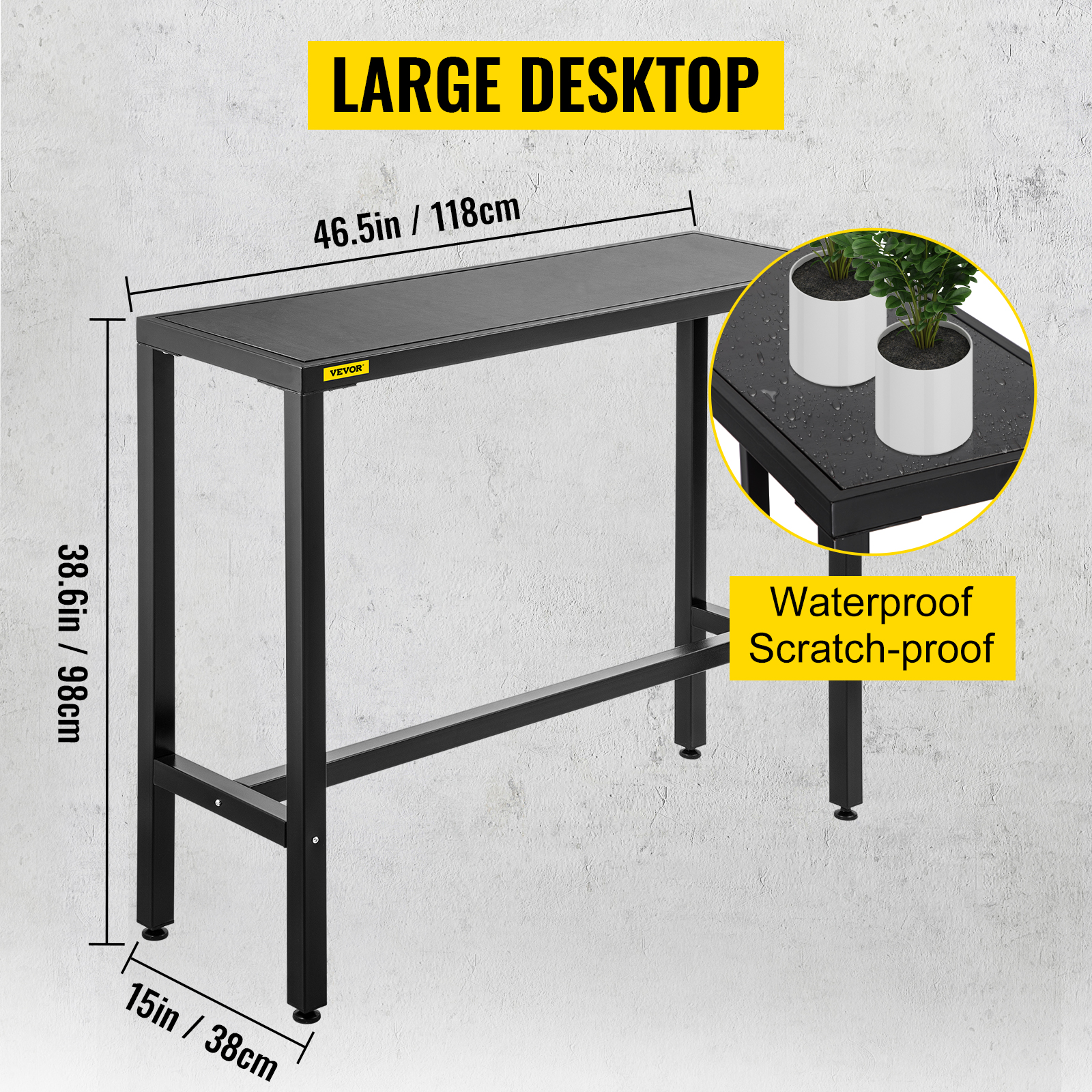 VEVOR outdoor bar table with large waterproof desktop, 46.5in x 15in, scratch-proof.