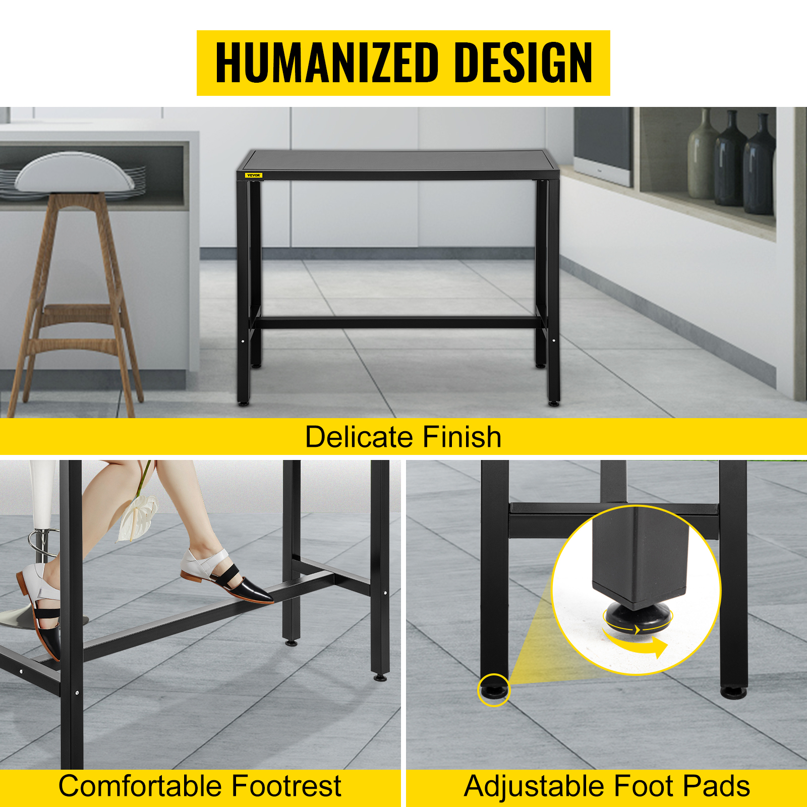 VEVOR outdoor bar table with delicate finish, comfortable footrest, and adjustable foot pads.