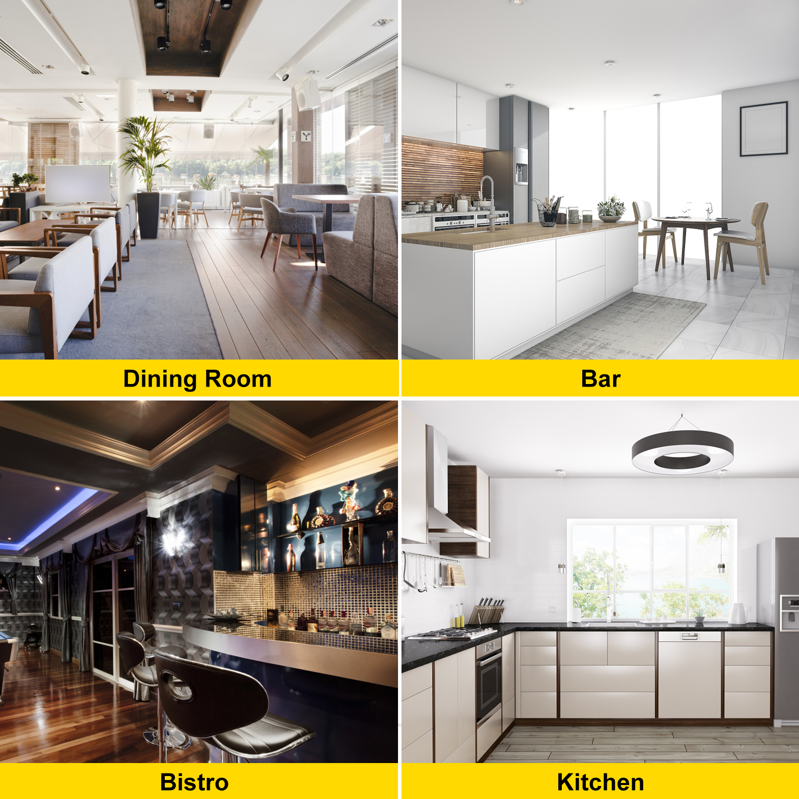 dining room, bar, bistro, and kitchen interiors showcasing diverse designs.