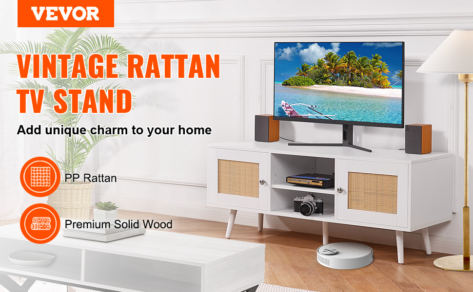 VEVOR rattan tv stand with vintage design, pp rattan doors, and premium solid wood frame in stylish room.