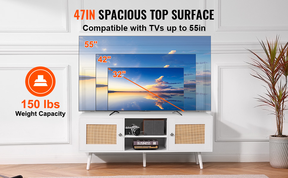 VEVOR rattan tv stand fits up to 55in tvs, 47in spacious top surface, 150 lbs weight capacity.