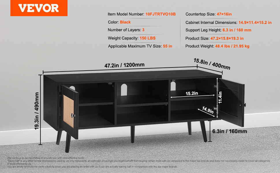 black VEVOR rattan tv stand, 47.2x15.8x19.3 inches, fits up to 55-inch tv, 3 layers, 150 lbs capacity