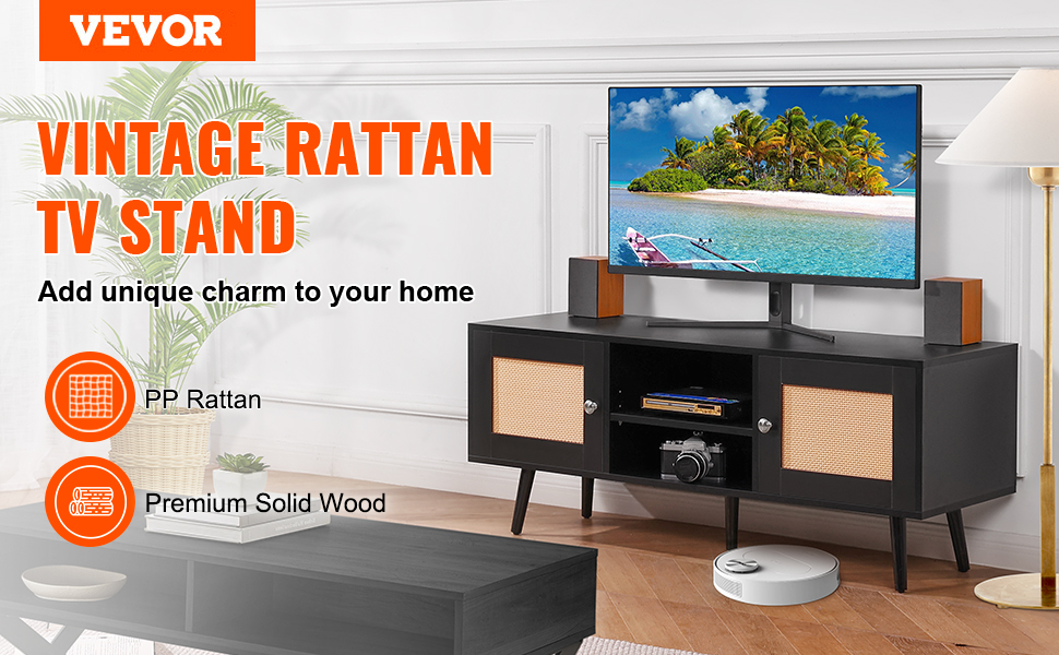 VEVOR vintage rattan tv stand with solid wood, enhancing a stylish living room setup.