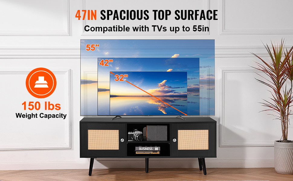 VEVOR rattan tv stand with 47in top surface, compatible with tvs up to 55in, 150 lbs weight capacity.