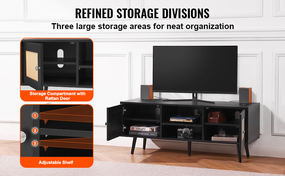 VEVOR rattan tv stand with three large storage areas, adjustable shelf, and rattan door compartment.