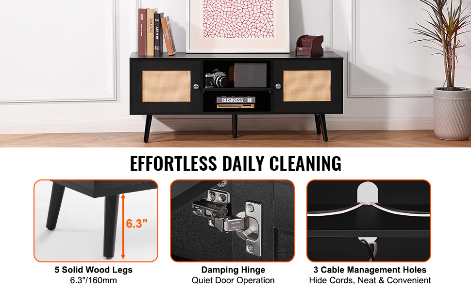 black VEVOR rattan tv stand with 5 wood legs, damped hinges, and cable management holes under a painting.