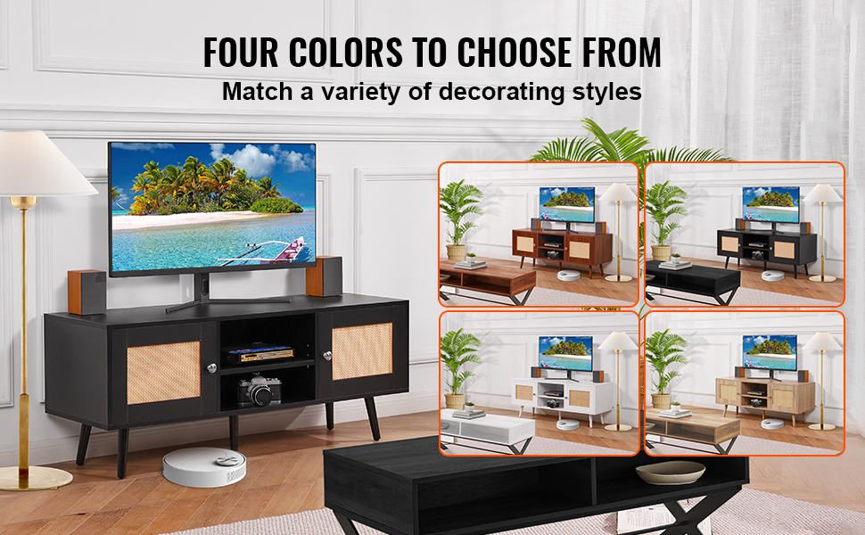 VEVOR rattan tv stand in four colors displayed in a modern living room with tropical nature on tv.