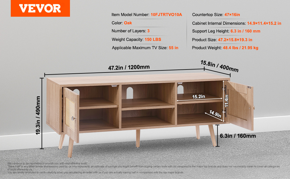 VEVOR rattan tv stand with three layers, oak color, holds 55-inch tvs, measures 47.2x15.8x19.3 inches.