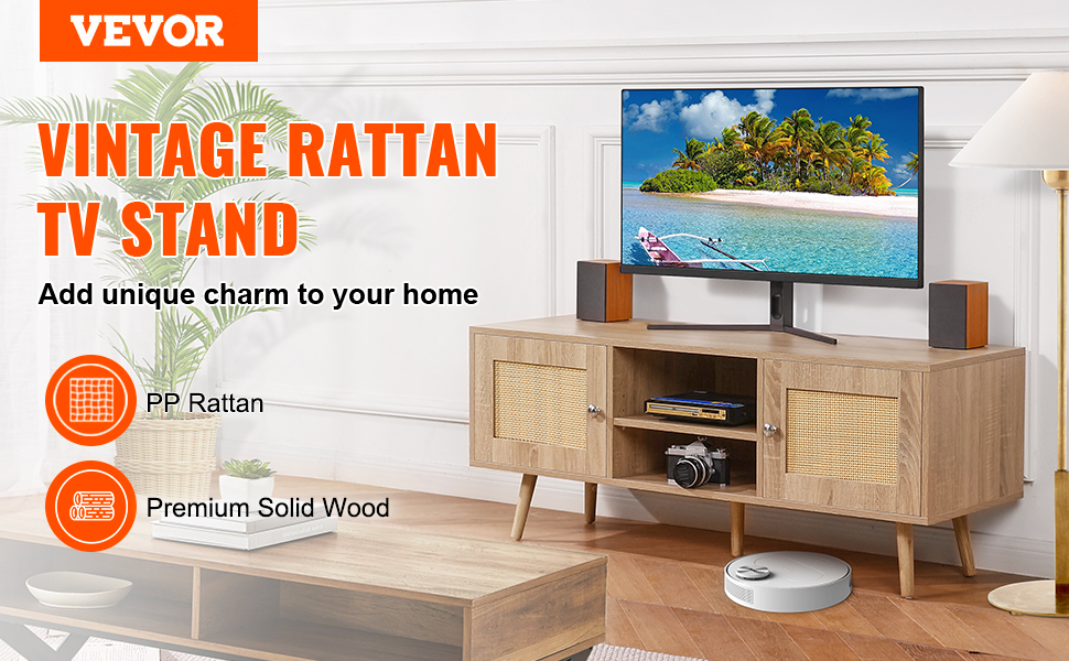 VEVOR rattan tv stand with solid wood, rattan doors, and storage, adding charm to your home.