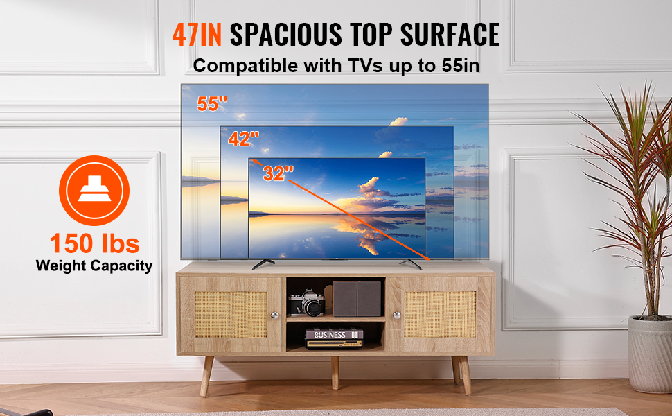 VEVOR rattan tv stand with 47in top surface, supports 55in tv, 150 lbs weight capacity, stylish decor.