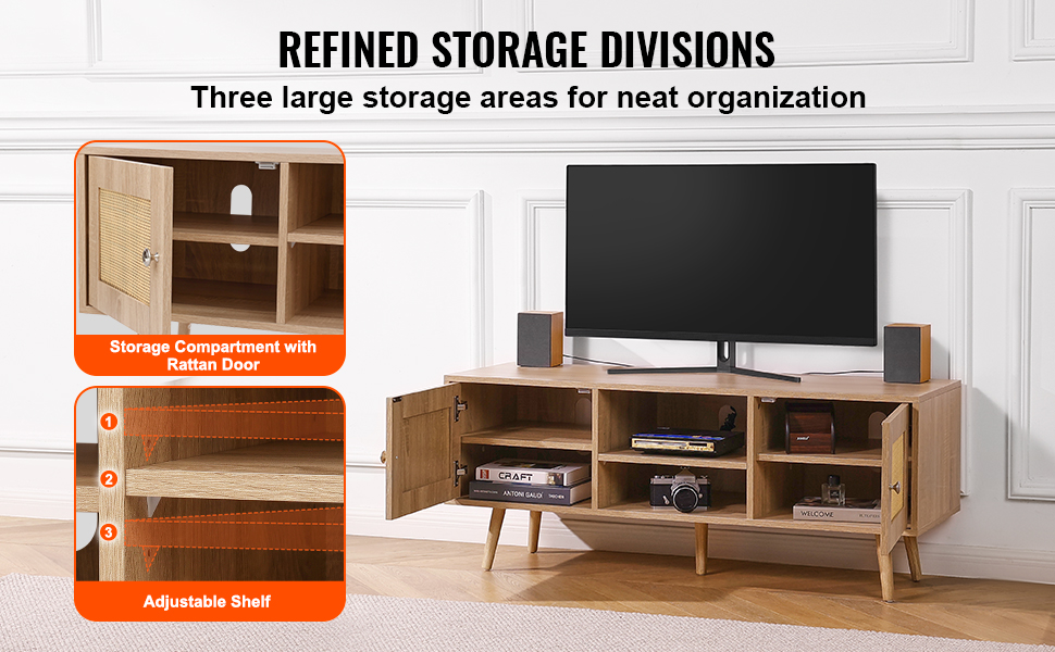 VEVOR rattan tv stand with three large storage areas, adjustable shelves, and rattan doors for organization.