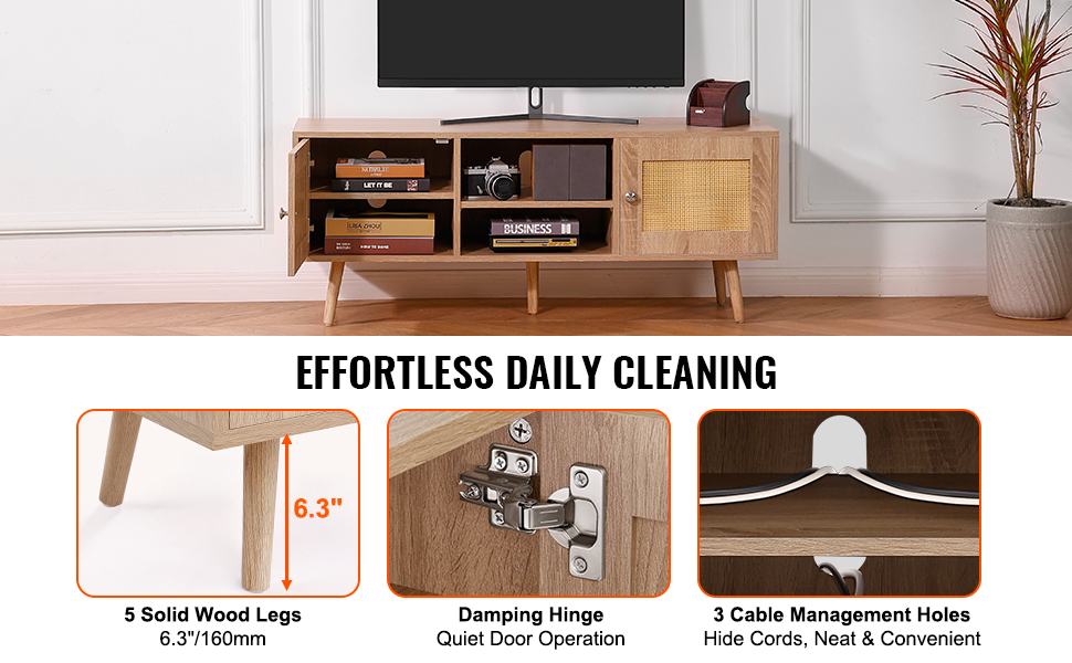VEVOR rattan tv stand with solid wood legs, damping hinge, and cable management holes for easy cleaning.