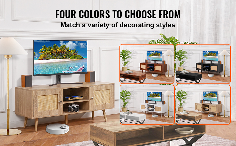 VEVOR rattan tv stand in four color options displayed in a modern living room, matching various decor styles.