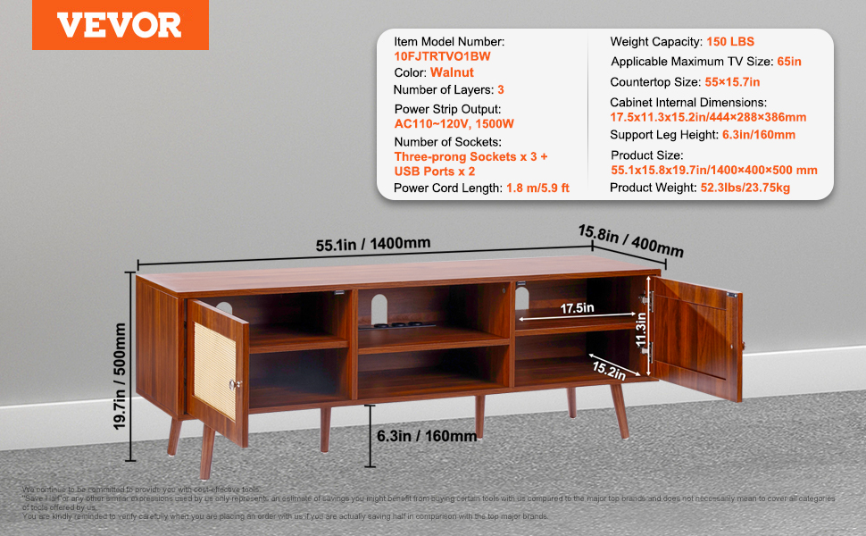 VEVOR rattan tv stand, walnut finish, 55-inch width, 3-layer storage, and multiple sockets.