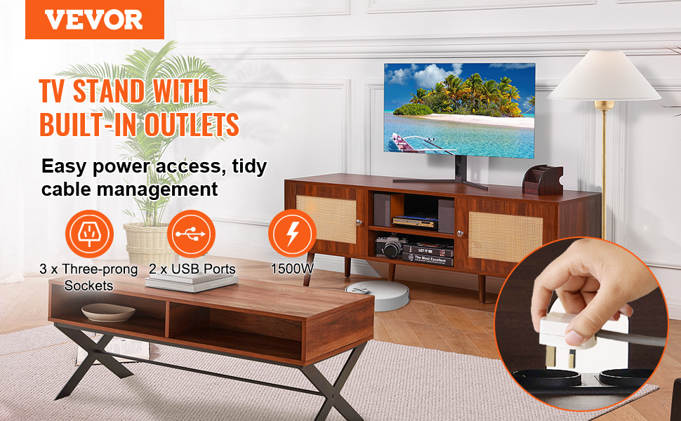VEVOR rattan tv stand with built-in outlets, usb ports, and cable management for easy power access.