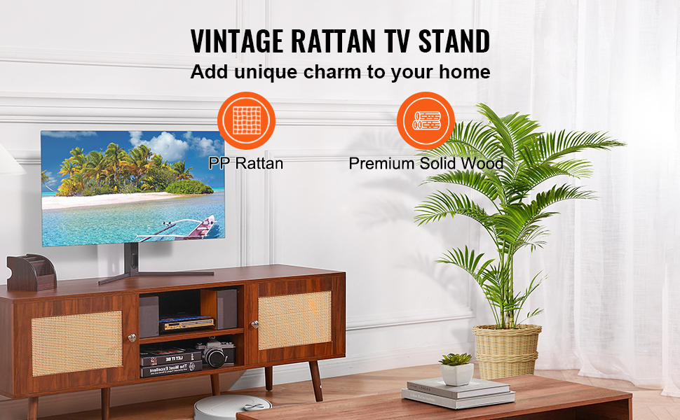 VEVOR rattan tv stand with premium solid wood, adding unique charm to a living room setup with decor.