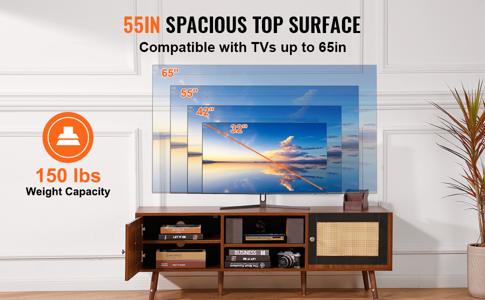VEVOR rattan tv stand with 55in surface, holds tvs up to 65in and supports 150 lbs, in elegant room setting.