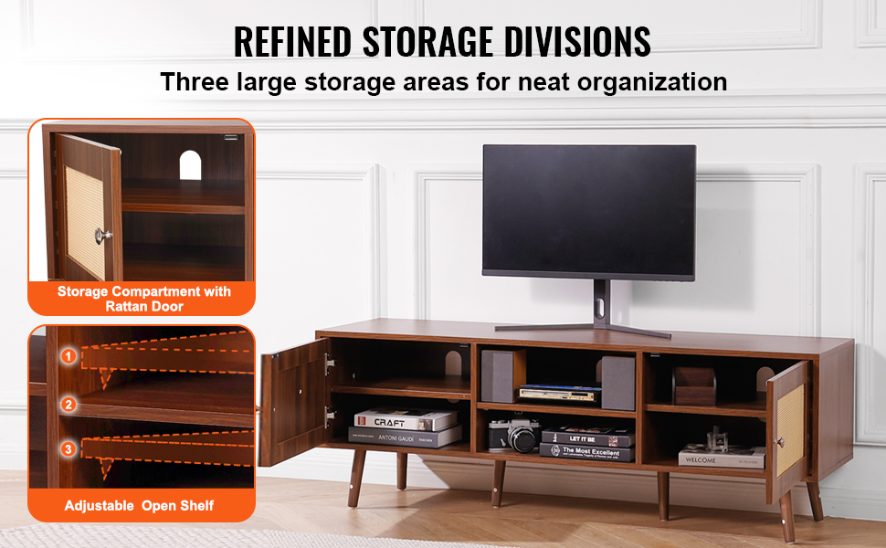 VEVOR rattan tv stand with three large storage areas, adjustable shelves, and a rattan door compartment.