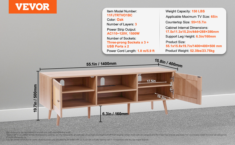 VEVOR rattan tv stand, oak, 3 layers, 55.1x15.8x19.7in dimensions, 3 sockets, 2 usb ports.