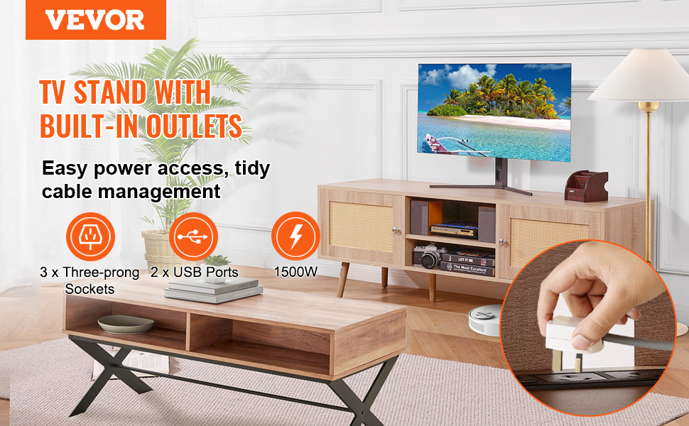 VEVOR rattan tv stand with built-in outlets, usb ports, and cable management, 1500w capacity.