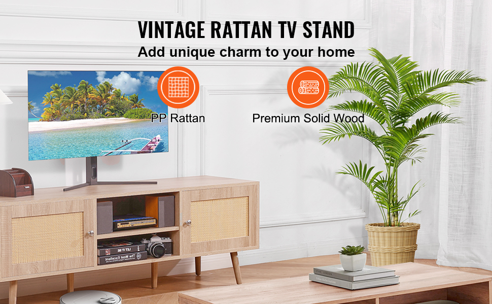 VEVOR rattan tv stand with solid wood structure, featuring potted plants and a beach scene on tv.