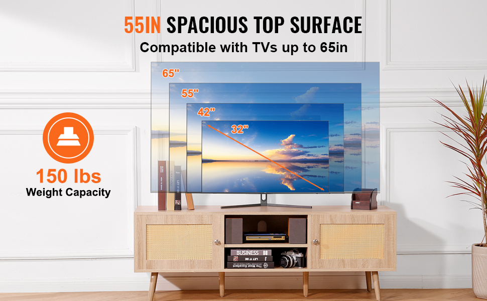VEVOR rattan tv stand with 55in top surface, 150 lbs capacity, fits tvs up to 65in.