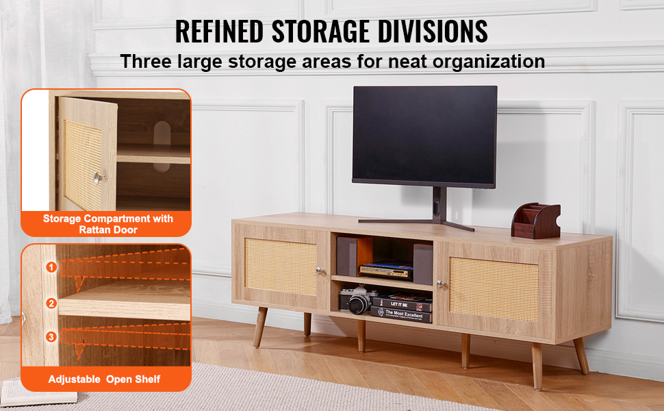 VEVOR rattan tv stand with three large storage areas and adjustable open shelves for neat organization.