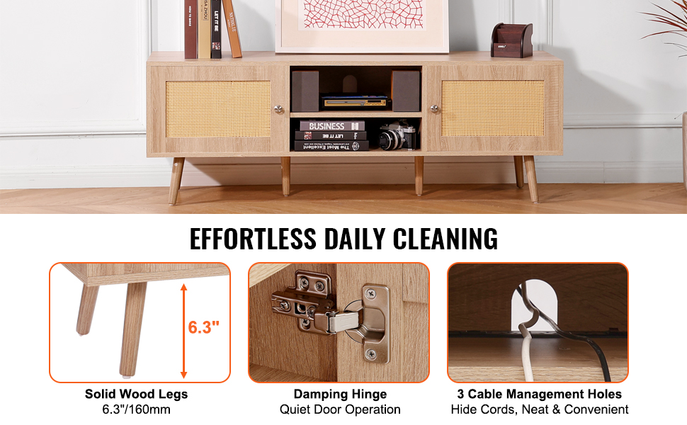VEVOR rattan tv stand with solid wood legs, damping hinge, and cable management holes for neat setup.
