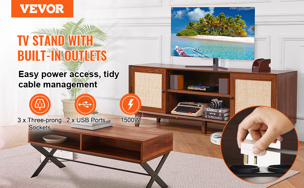 VEVOR rattan tv stand with built-in outlets, easy power access, tidy cable management, and usb ports.