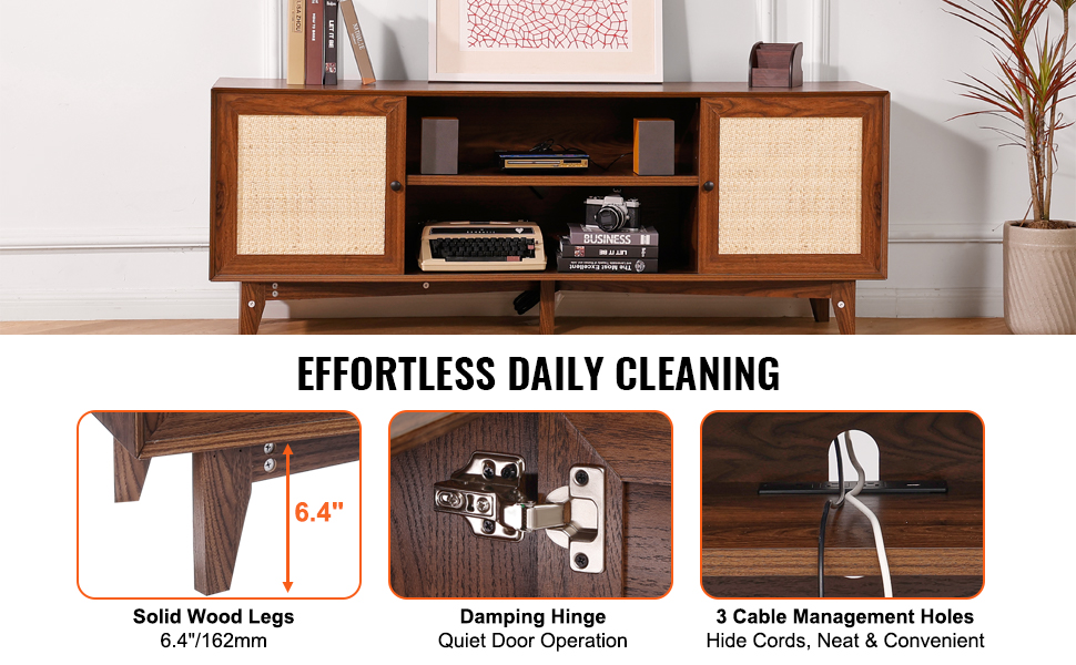 VEVOR rattan tv stand with solid wood legs, damping hinge, and cable management holes for neat setup.