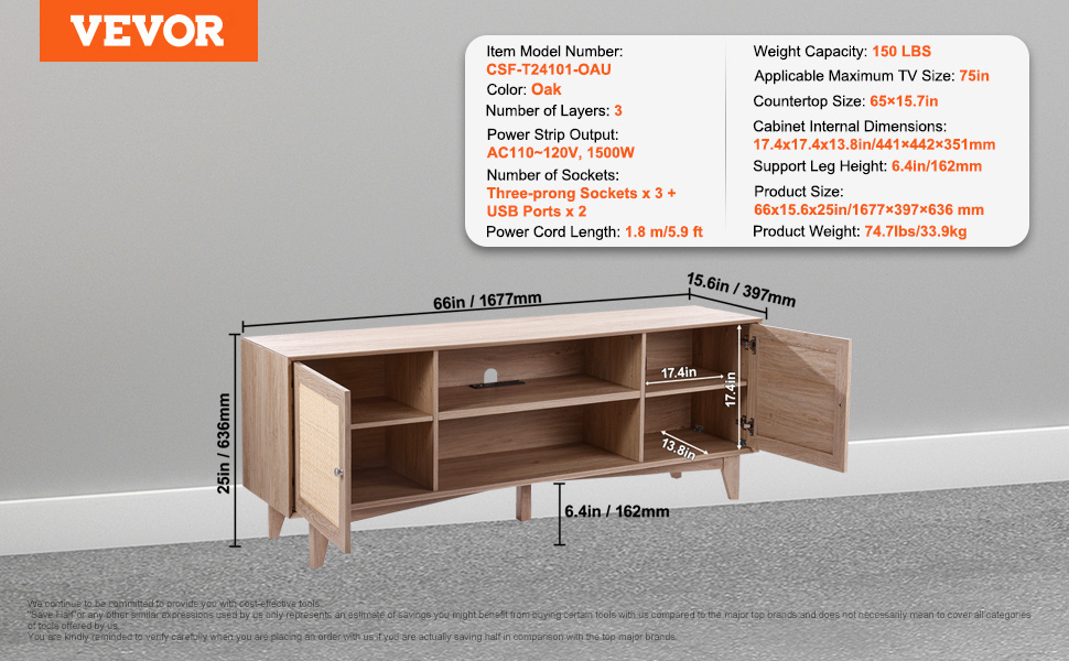 VEVOR rattan tv stand with oak finish, 3 layers, 2 usb ports, power strip, 66x15.65x25in, 150 lbs capacity.