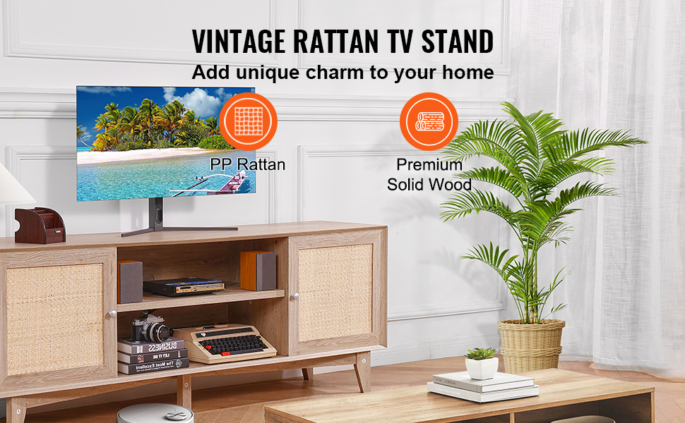 VEVOR rattan tv stand in a stylish living room with tropical plant and modern decor.