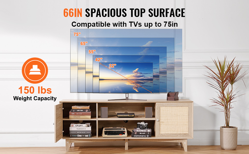 VEVOR rattan tv stand with 66in top surface, supports tvs up to 75in, 150 lbs weight capacity.