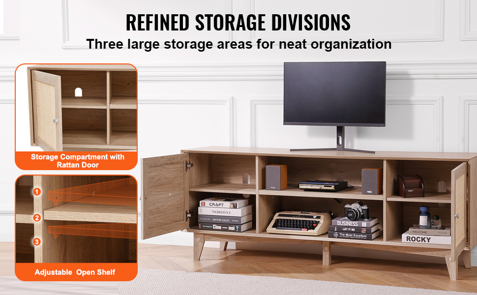 VEVOR rattan tv stand with adjustable shelves, rattan doors, and three storage compartments.