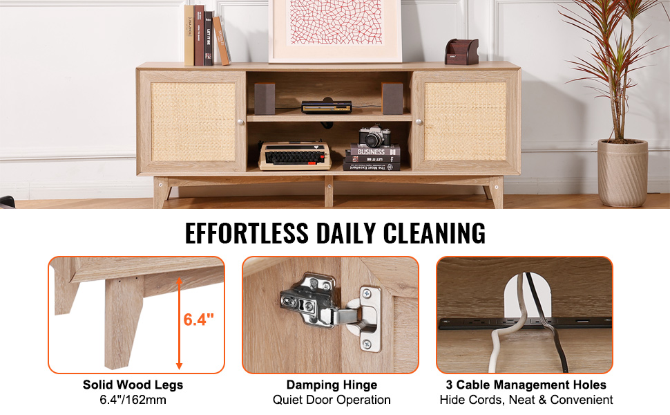 VEVOR rattan tv stand with solid wood legs, damping hinge, and three cable management holes.