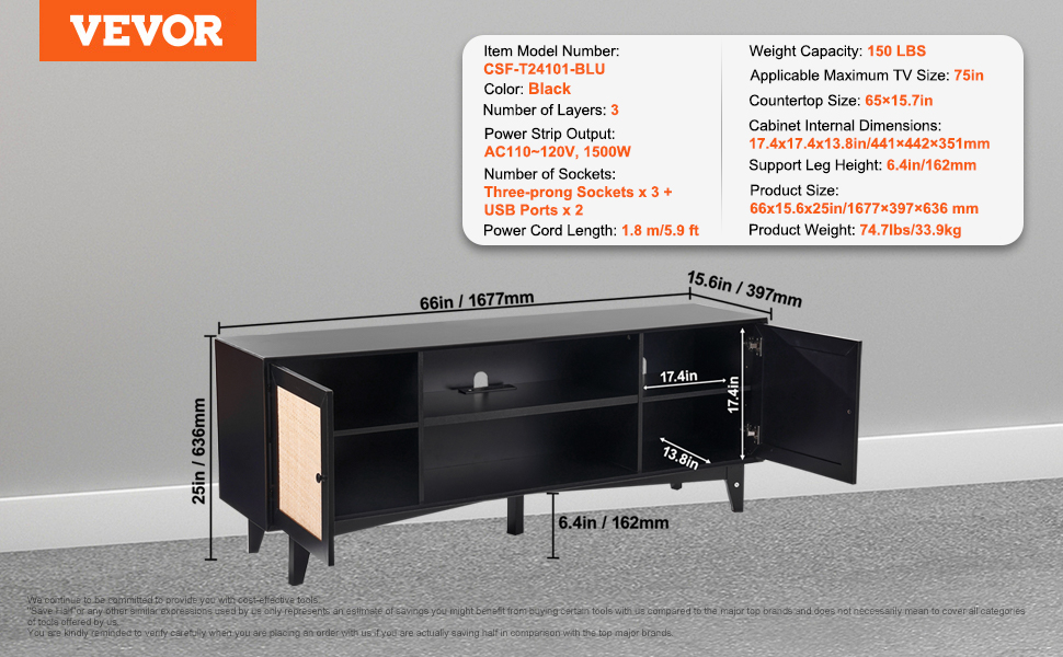 VEVOR rattan tv stand specs: black, 66in width, 25in height, max tv size 75in, 3 layers, power strip.