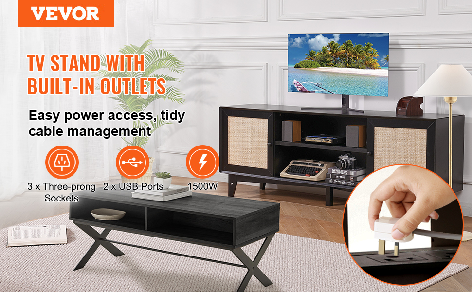VEVOR rattan tv stand with built-in outlets, easy power access, and tidy cable management system.