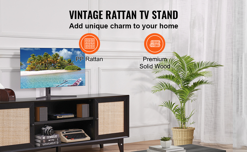 vintage VEVOR rattan tv stand in living room with potted plant, showcasing pp rattan and premium solid wood.