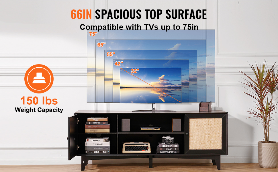 VEVOR rattan tv stand with 66in top surface, holds tvs up to 75in, 150 lbs weight capacity, modern design.
