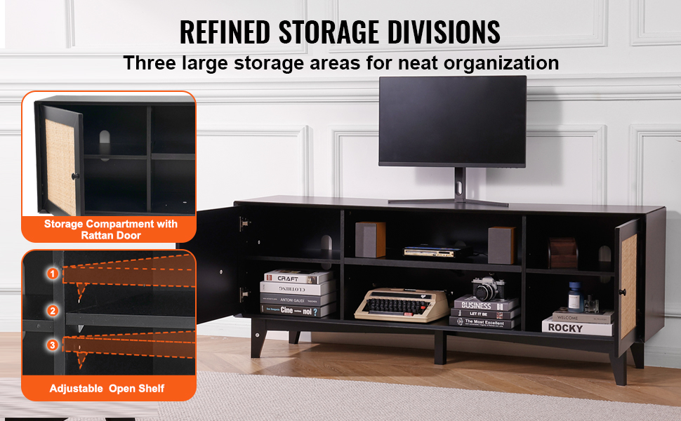 VEVOR rattan tv stand with refined storage divisions and adjustable shelves for neat organization.