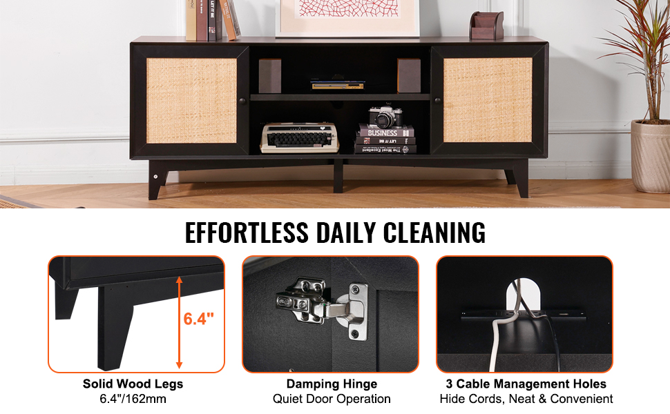 VEVOR rattan tv stand with solid wood legs, damping hinge, and cable management holes.