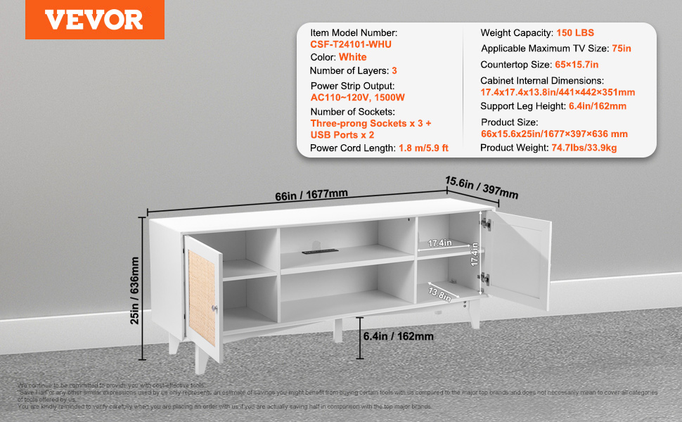 VEVOR rattan tv stand, white, 66in wide, 25in tall, holds up to 75in tv, three layers with multiple sockets.