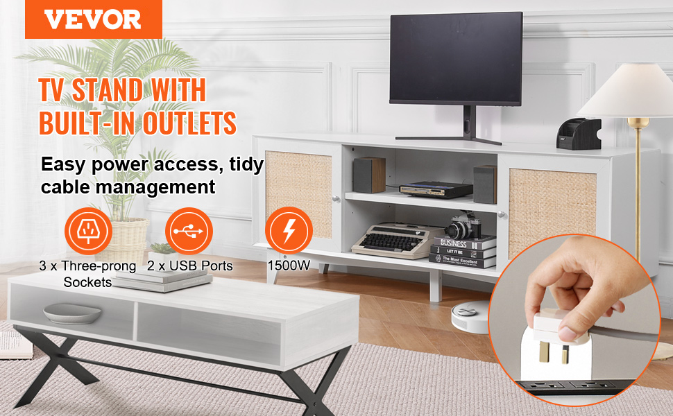VEVOR rattan tv stand with built-in outlets, usb ports, and tidy cable management in a modern living room.