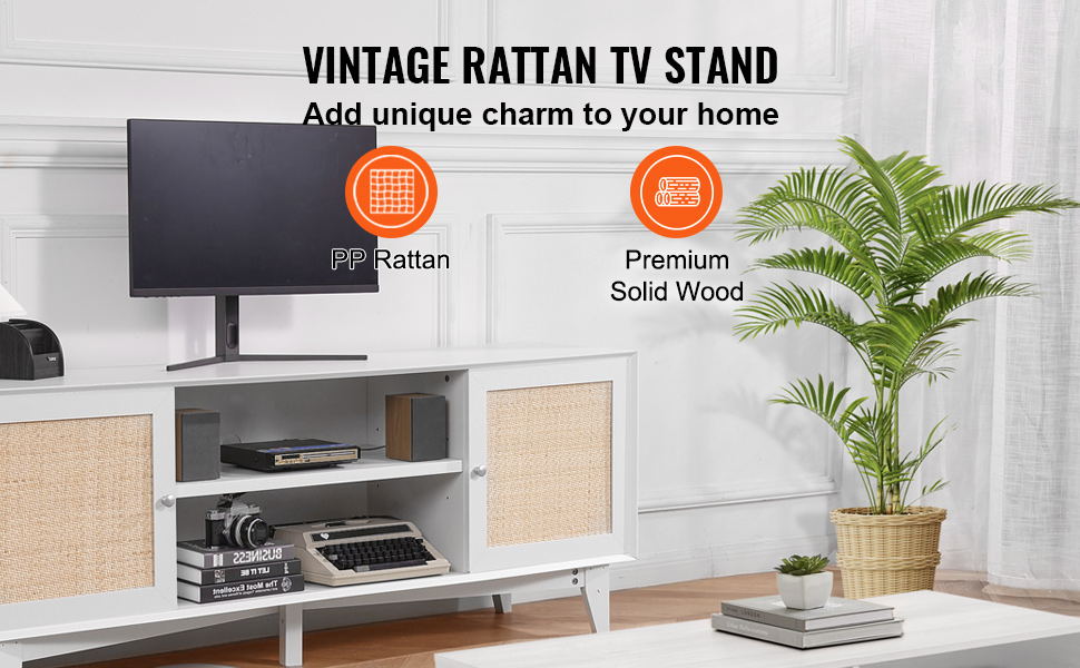 VEVOR rattan tv stand with solid wood frame, surrounded by a monitor, camera, books, and a potted plant.