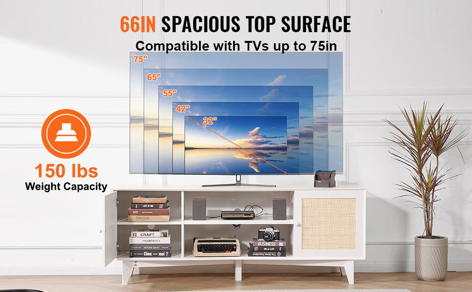 VEVOR rattan tv stand, 66in top surface, supports tvs up to 75in, 150 lbs capacity, sleek and functional.