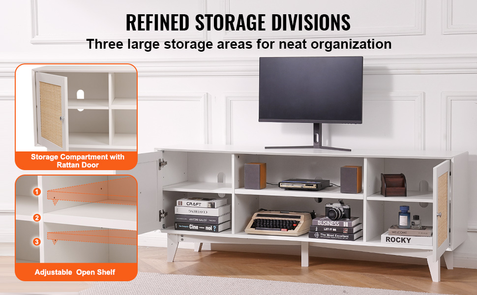 VEVOR rattan tv stand with adjustable shelves, storage compartments, and a rattan door for organization.