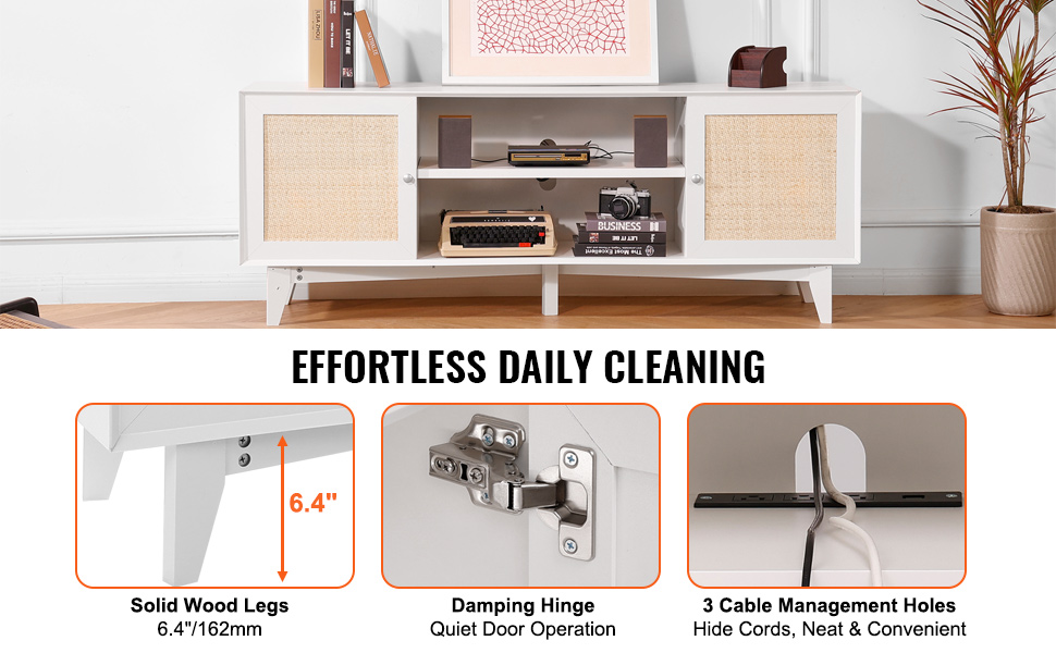 VEVOR rattan tv stand with solid wood legs, damping hinge, and cable management holes.