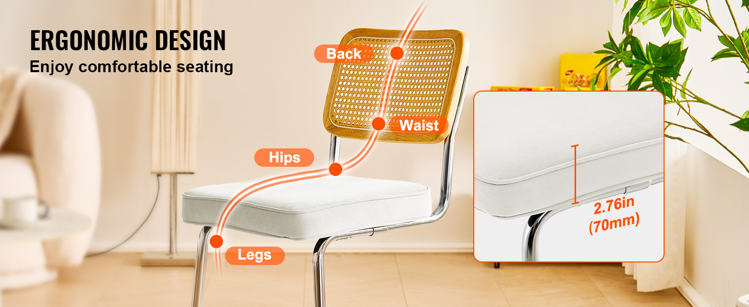 VEVOR rattan dining chair with ergonomic design, highlighting back, waist, hips, and leg support.